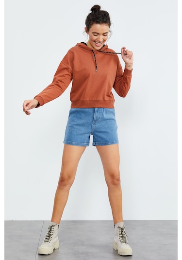 Tommy Life Tarçın Uzun Kol Rahat Form Kapüşonlu Kadın Sweatshirt - 97115 Tarçın