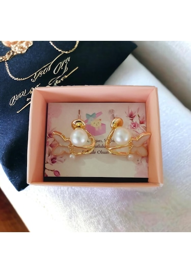 Zarif Ve Şık Kelebek Detaylı İnci Taşlı Altın Kaplama Antialerjik Çelik Küpe Altın