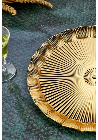 Cooker 25 Cm Yuvarlak Tepsi - Parlak Yüzeyli Sunum Tepsisi 25x25 Cm Altın