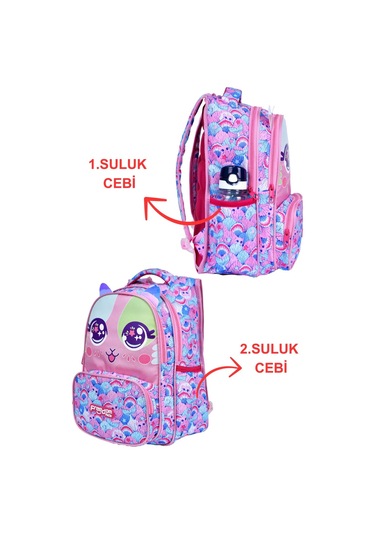 Pembe Kedi Baskılı, Su Geçirmez, Ortopedik Sırt Özellikli İlkokul