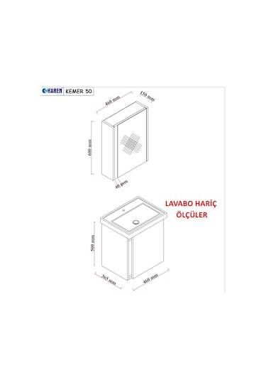 Karen Banyo Kemer 50 Cm,Lavabolu,Aynalı,Banyo Dolabı,Mat Antrasit,Lavabo Dahil Antrasit