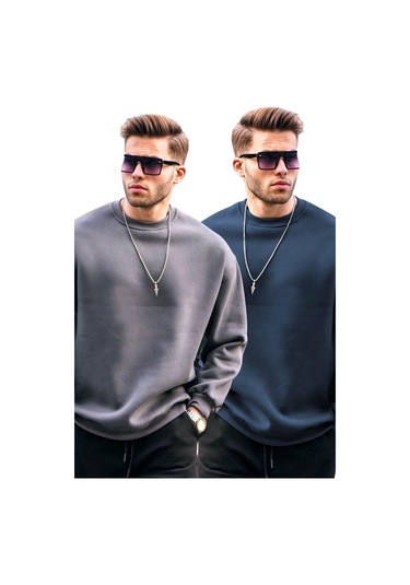 Madmext Füme/lacivert Bisiklet Yaka Oversize Şardonlu Basic Erkek 2'li Paket Sweatshirt E7447 Füme/lacivert