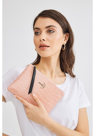 Deri Company Kadın Basic Clutch Çanta Kroko Timsah Desen Pudra (4031-P) 214030 Pembe