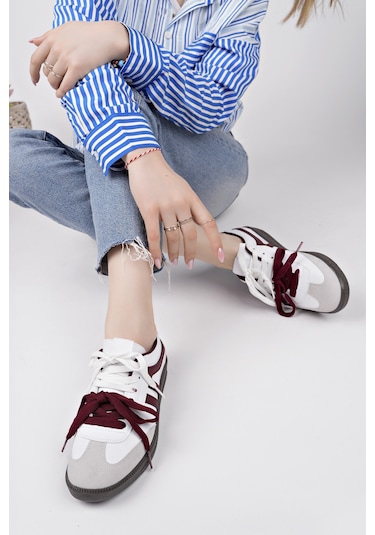 Muggo Retro Çift Bağcıklı Günlük Kadın Sneaker Spor Ayakkabı Bordo - Beyaz