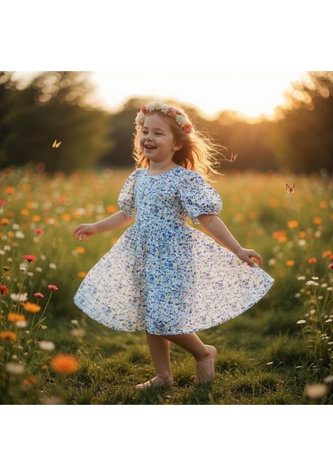 Çiçekli Kız Çocuk Yazlık Elbise Mavi