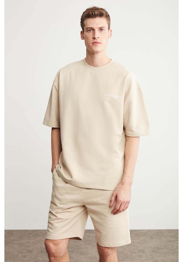 Colombıa Erkek 2'li Set Comfort Fit Rahat Kalıp Yazı Nakışlı Şardonsuz Bej Eşofman Takımı