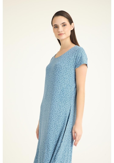 Dökümlü Rahat Kalıp Günlük Penye Kumaş Elbise Mavi