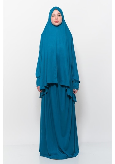 Pratik 2 Parça Pamuklu Yarasa Kollu Başörtülü Tesettür Namaz Elbisesi Açık Petrol Antrasit