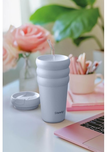 Stevig 3 Bubble Two-cap Straw Tumbler Çelik Termos 600 Ml Zen Blue St-246 Mavi