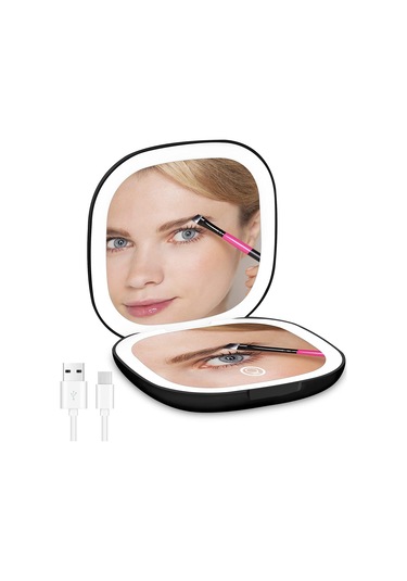 3x Büyütme Özellikli Kompakt Ayna, Taşınabilir Cep Aynası, Çift Taraflı Led Işıklı Makyaj Aynası, Usb-c Şarj Edilebilir Seyahat Aynası Siyah Diğer