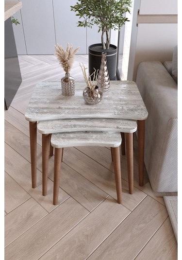 Zuesse Dizayn Reyhan 3lü Zigon Sehpa & Yan Sehpa Ahşap Ayaklı Salon Seti Çay Sehpası - Kristal