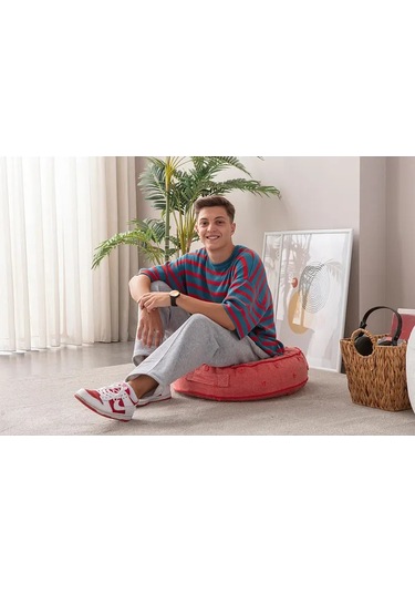 Çok Amaçlı Puantiyeli Keten Yer Bahçe Minderi Fermuarlı İç Dolgulu Yıkanabilir 60x66 Kırmızı
