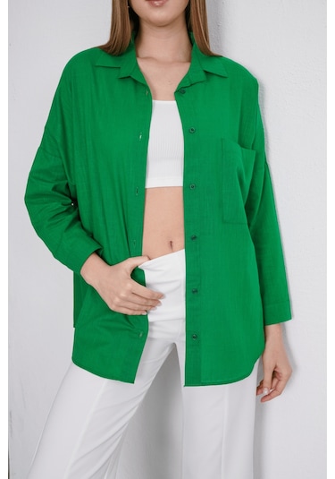 Paw Garage Kadın London Keten Tek Cepli Oversize Gömlek, Premium Kalite Keten Gömlek Yeşil