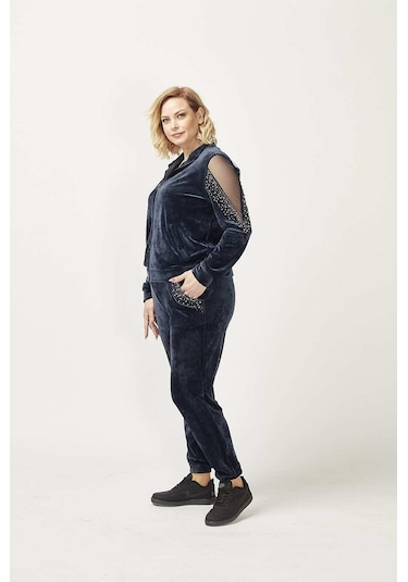 1950 Kolları Taşlı Tam Kalıp Tarz Kadife Büyük Beden Eşofman Takım Lacivert Siyah