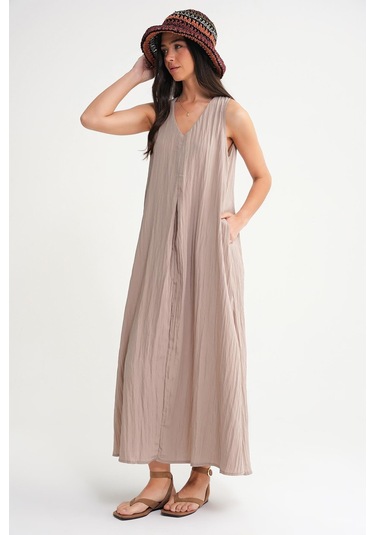 4700 Kadın V Yaka Önü Pileli Elbise Latte Latte