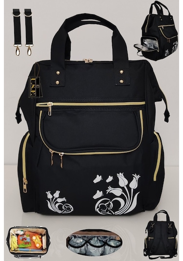 Bebek Bakım Çantası Organizatör Fonksiyonel Lüx Anne Bebek Bakım Sırt Çantası Lal Siyah