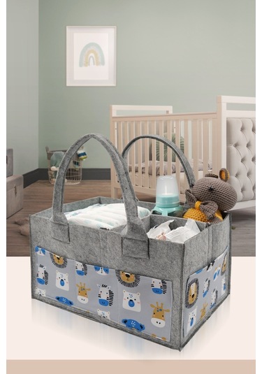 Jasper Hayvan Figürlü Açık Mavi Gri Keçe Anne Bebek Bakım Çantası Gri