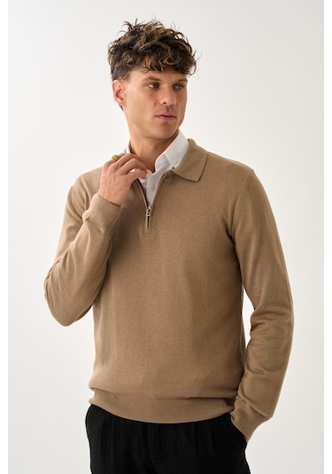 Fermuarlı Polo Yaka Kazak Vizon