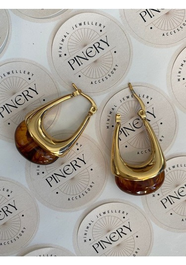 Vintage Kahverengi Taşlı Sallantılı Oval Paslanmaz Çelik Kadın Kü Altın