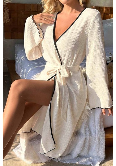 Merry See Özel Örme Kumaş Önden Bağlamalı Robdeşambr Beyaz