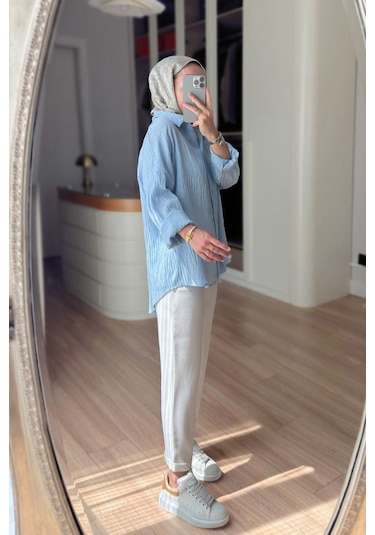 Kahijab Nakışlı Pul Detay Oversize Gömlek - Mavi
