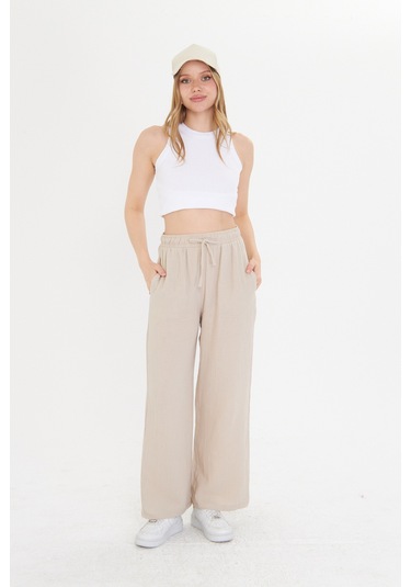 Thiff Gymwear Bej Bol Paça Müslin Kadın Pantolon Bej