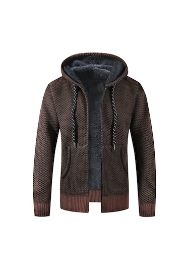 Kışlık Kapüşonlu Artı Kadife Kalınlaştırılmış Ekose Uzun Kollu Yün Erkek Hırka Kazak Kırmızı