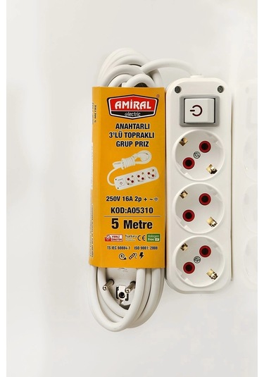 Amiral 3' Lü Topraklı Anahtarlı 5 Metre Kablolu Grup Priz Belirtilmemiş