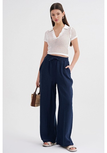 4286 Kadın Bol Paça Beli Lastikli Müslin Palazzo Pantolon Lacivert Lacivert
