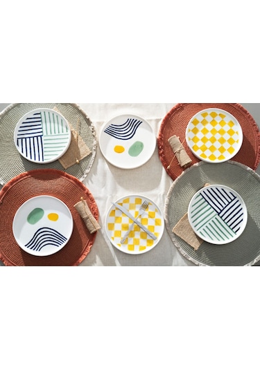 Kevin Seramik Hand Made Modern 6 Kişilik Pasta Tabak Seti &Tatlı Tabak Takımı Beyaz - Yeşil