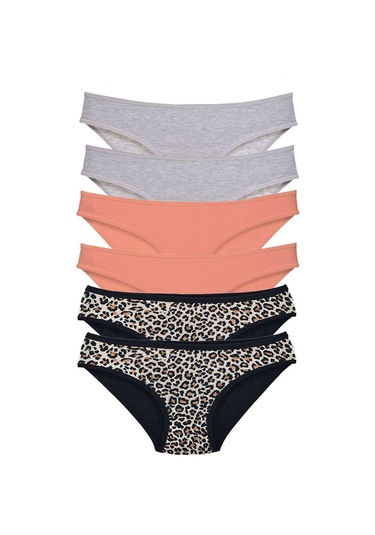 6 Adet Likralı Kadın Slip Külot Leopar Gri Pudra