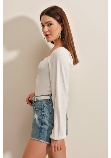 Bigdart 0465 Balon Kollu Örme Bluz - Beyaz 001