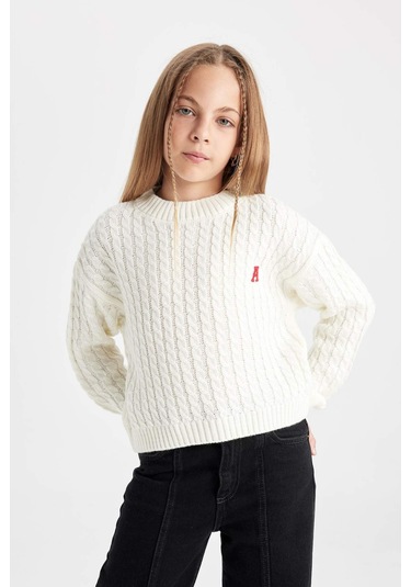 Defacto Kız Çocuk Ekru Standart Fit Bisiklet Yaka Triko Kazak C6973A824AUER233 Ekru