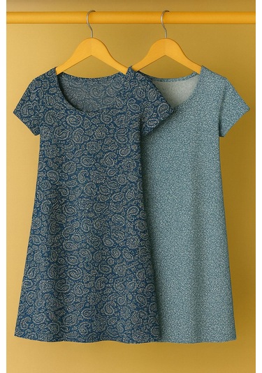 2 Adet Dökümlü Rahat Kalıp Günlük Penye Kumaş Elbise İndigo-mavi