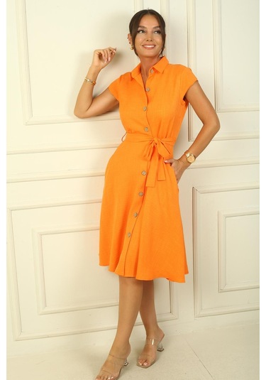 Önü Düğmeli Beli Kuşaklı Cepli Keten Elbise-38560-oranj