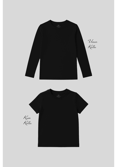 Standart Fit Basic O Yaka 2li Paket Siyah Unisex Çocuk T-shirt Siyah