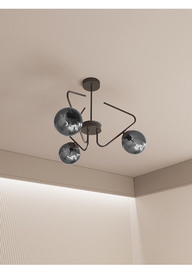 Lunor Siyah Metal Füme Cam Küre Başlıklı Modern 3'lü Avize