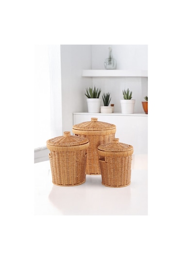 3'lü Hasır Kapaklı Patates Soğan Sepeti Seti Rattan Görünümlü Çok Amaçlı Mutfak Sepeti Kahverebgi