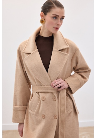 Sateen Beli Bağlamalı Uzun Kaban - Bej-136630 Bej