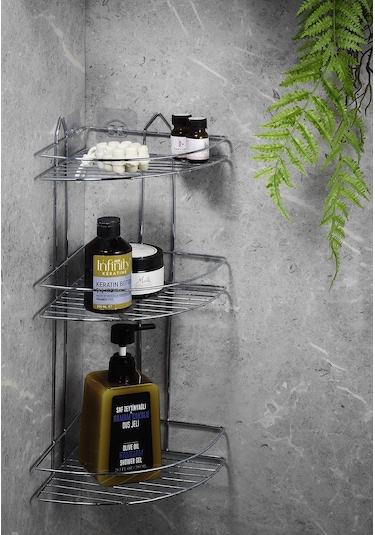 3 Katlı Krom Yapışkanlı Banyo Köşeliği Düzenleyici, Şampuanlık, Paslanmaz Metal Köşelik Duş Rafı - EK-03
