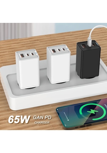 Honeybeeshop Beyaz 65w Gan Hizli Sarj Cihazi 3 Baglanti Noktasi Usb A Ve 2 Usb C Pd Pps Macbook İpad İphone Galaxy Uyumlu