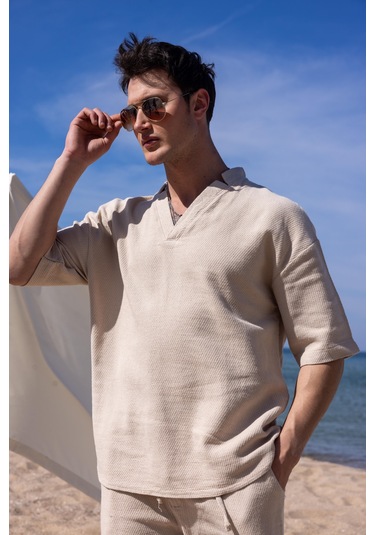 Bej Renk V Yaka Gömlek Şort Erkek Yıkamalı Keten Takım-1737 Bej