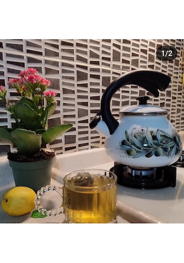 Zeytin Dekor Vintage Emaye Düdüklü Kettle Demlik 2,4 Litre Yeşil