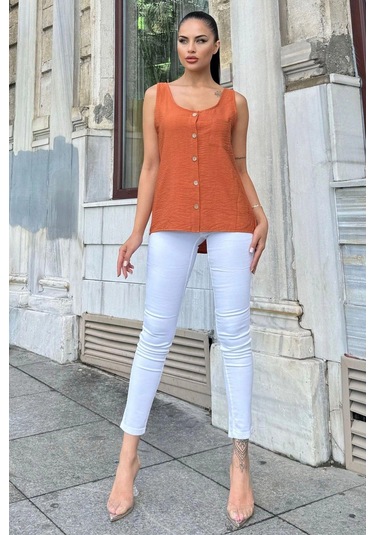 Kadın Kiremit Yuvarlak Yaka Ve Düğme Detaylı, Kalın Askılı Keten Atlet Bluz Kiremit