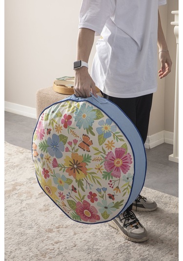 Renkli Çiçek Desenli Yuvarlak Dekoratif Yer Minderi Taşınabilir P