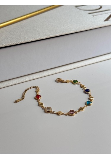 Renkli Taş Detaylı Altın Kaplama Bileklik Zarif Kadın Takı Çok Renkli