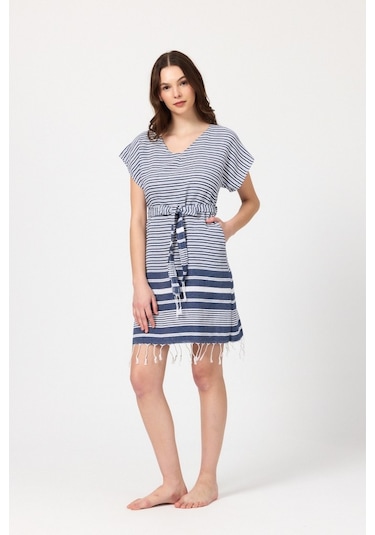 Mulberry Katya Plaj Elbisesi Tunik Pareo %100 Pamuk Lacivert