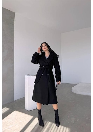 Neşeli Butik Kadın Siyah İthal Kumaş Kaşe Kaban Nbmylk26 Siyah