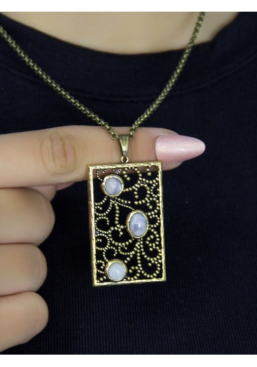 Doğal Taş Aytaşı 3'lü Doğal Taşlı Antik Kadın Kolye Euk45ay Beyaz