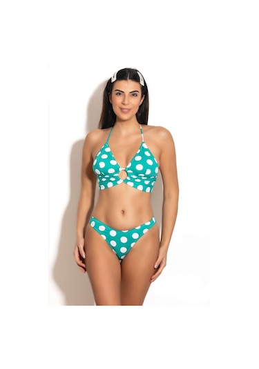 Badelina Puantiye Desenli İp Askılı Üçgen Bikini Takımı 3278-3 001
